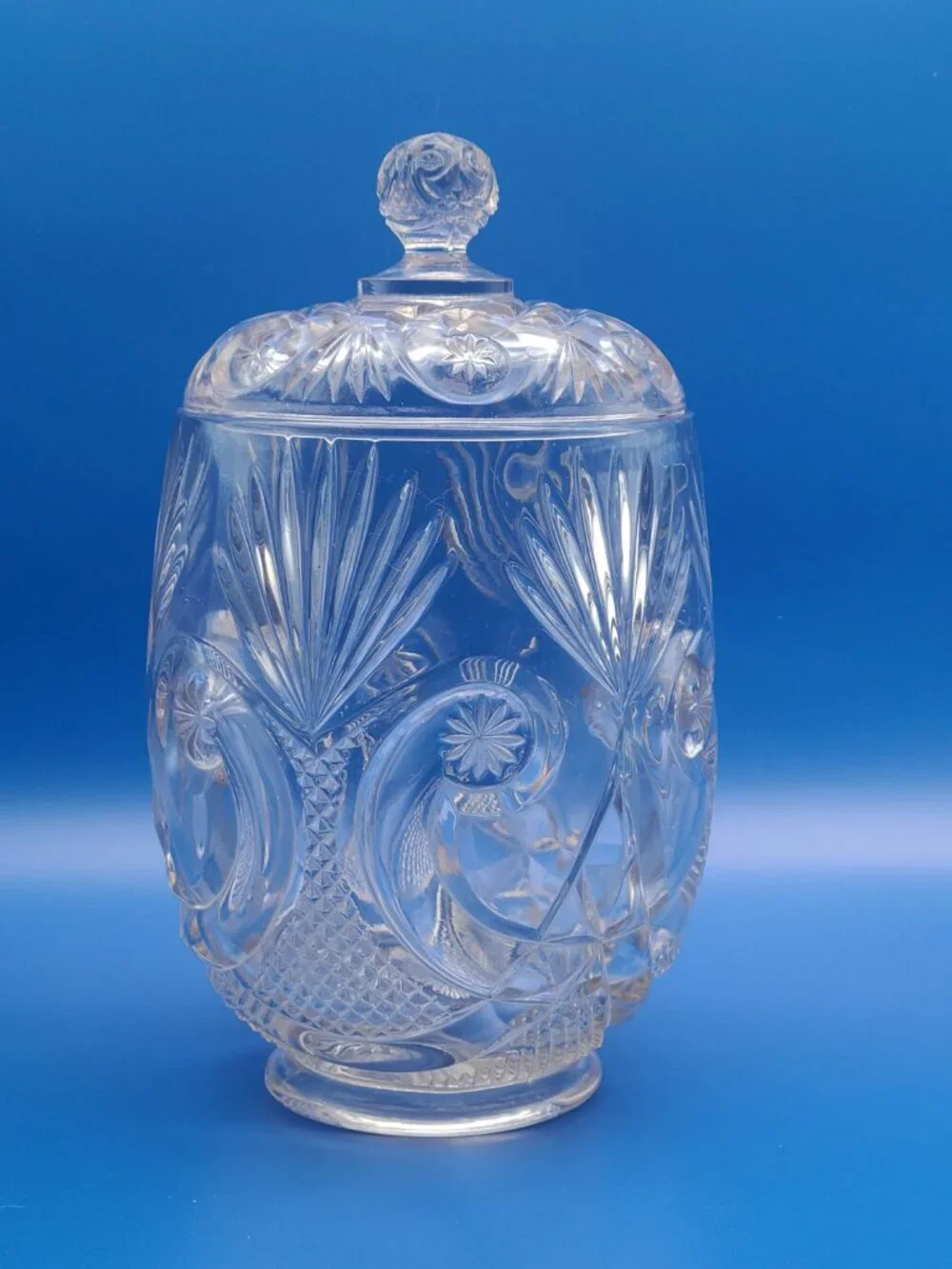 Antique EAPG Crystal Glass Crescent Fan Biscuit Jar Manganese Glow 9.5